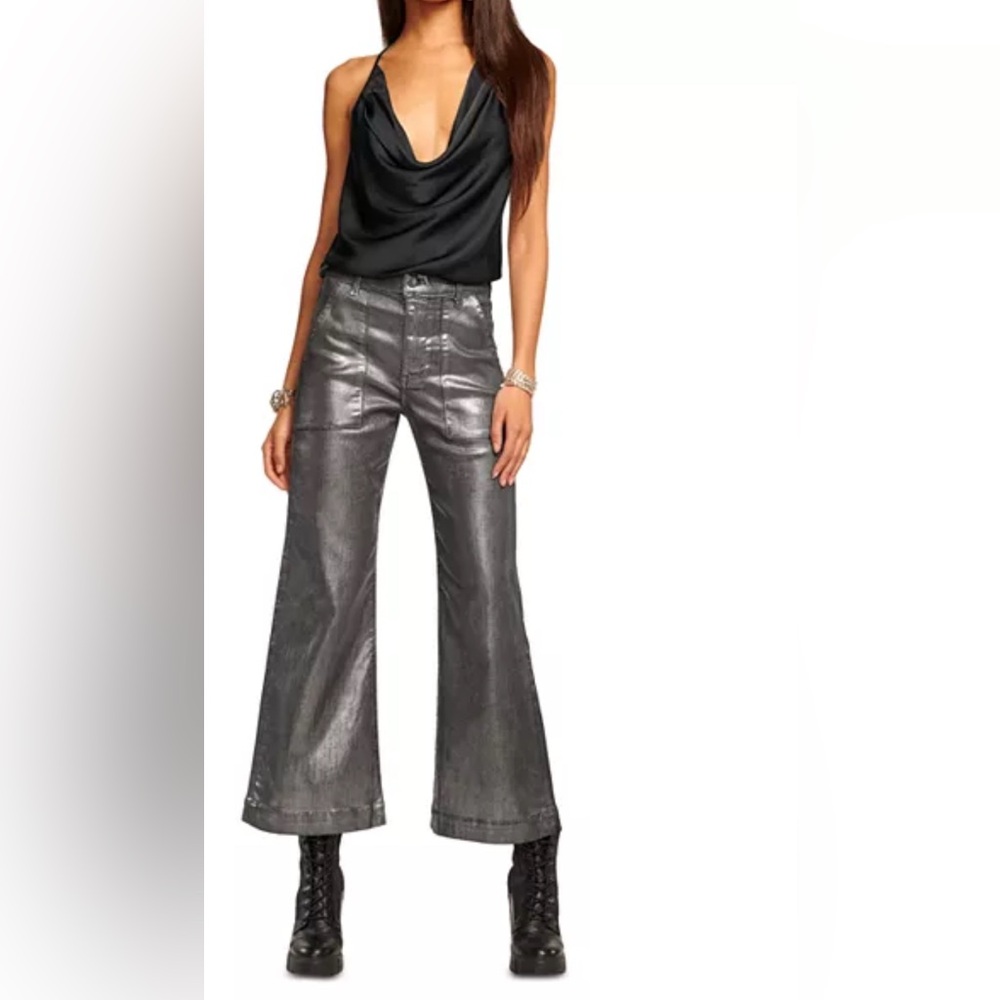 RAMY Brook metallic Clifford ankle cropped Women's Silver Flared Pants NWT NEW